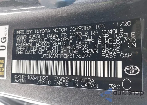 2021 Toyota Prius Prime Le из США, поврежденный, VIN JTDKAMFP0M3176097